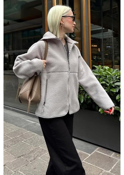 Gri Fermuarlı Kapüşonlu Polar Kadın Ceket MG2569 fırsatları