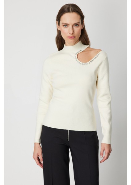 Kadın Omzu Açık Taş Detaylı Triko Kazak 60309 Ekru