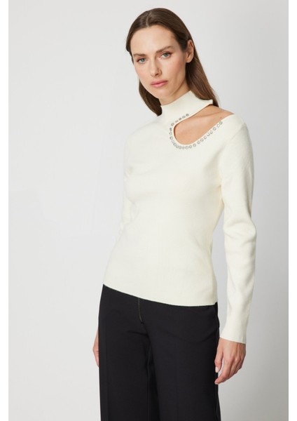 Kadın Omzu Açık Taş Detaylı Triko Kazak 60309 Ekru fiyatları