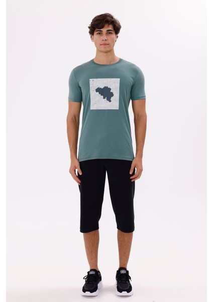 Kare Izgara Zemin Üzerinde Silüet Baskılı Bisiklet Yaka Rahat Kalıp Kısa Kollu Tişört