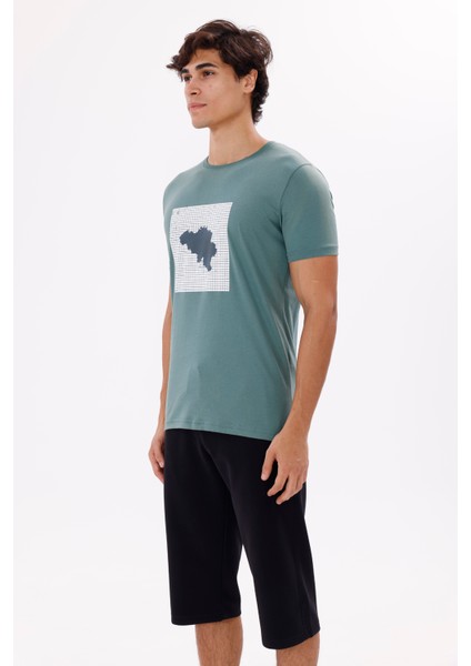 Kare Izgara Zemin Üzerinde Silüet Baskılı Bisiklet Yaka Rahat Kalıp Kısa Kollu Tişört fiyatları