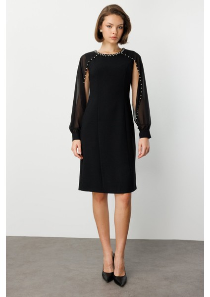 Kadın Boncuk Detaylı Kolları Tül Midi Elbise 4011 Siyah