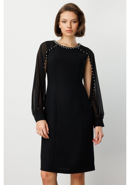 Kadın Boncuk Detaylı Kolları Tül Midi Elbise 4011 Siyah fiyatları