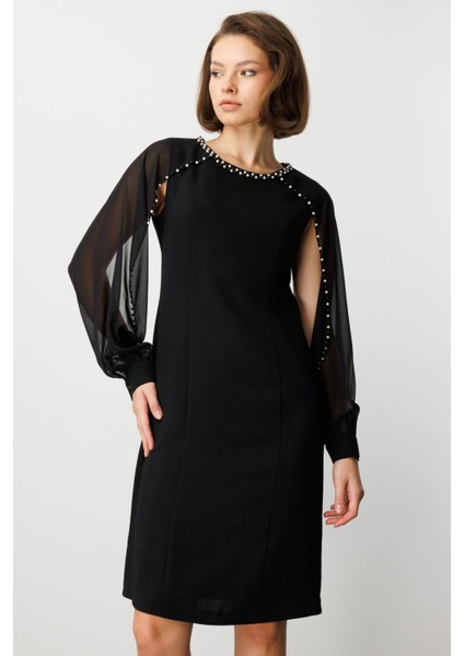 Kadın Boncuk Detaylı Kolları Tül Midi Elbise 4011 Siyah modelleri