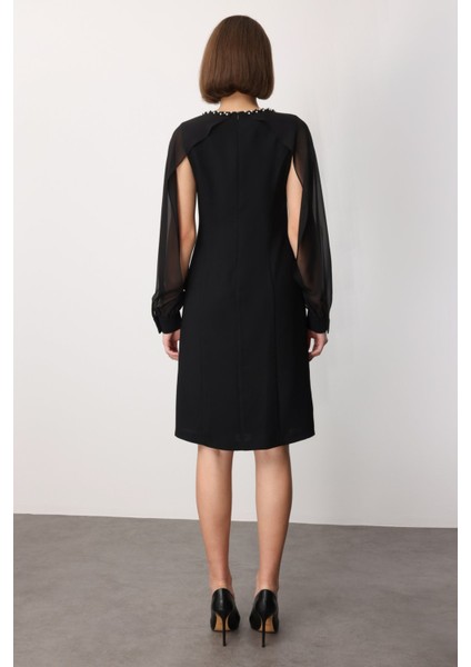 Kadın Boncuk Detaylı Kolları Tül Midi Elbise 4011 Siyah fırsatları