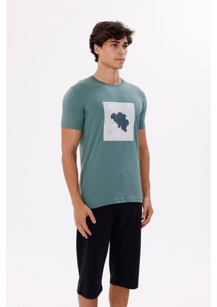 Kare Izgara Zemin Üzerinde Silüet Baskılı Bisiklet Yaka Rahat Kalıp Kısa Kollu Tişört fırsatları