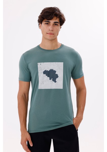 Kare Izgara Zemin Üzerinde Silüet Baskılı Bisiklet Yaka Rahat Kalıp Kısa Kollu Tişört indirimleri