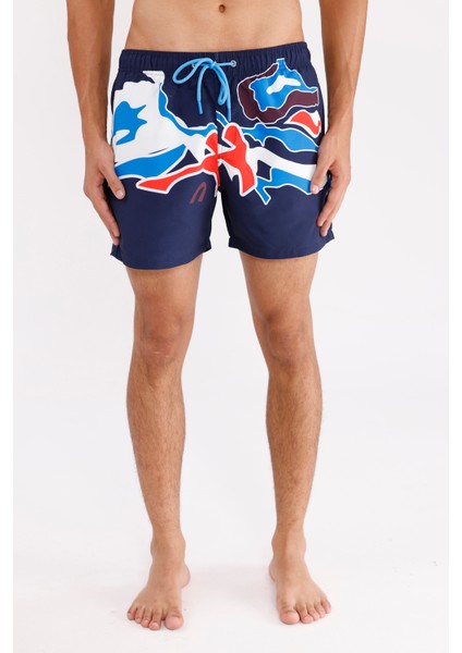 Dijital Desen Soyut Baskılı Elastik Bel Ayarlanabilir Bağcıklı Iki Cepli Kısa Paça Hızlı Kuruyan Erkek Deniz Şortu