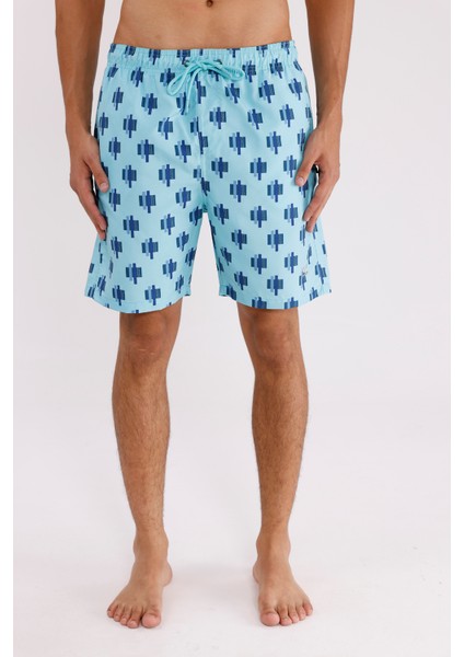 Palermo Dijital Desenli Hızlı Kuruyan Elastik Bel Ayarlanabilir Kordonlu Yan Cepli Logo Detaylı Deniz Şortu