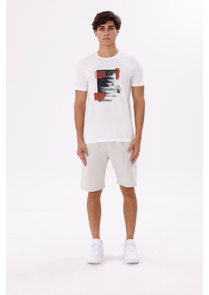 Soyut Baskı Panelli Bisiklet Yaka Rahat Kalıp Kısa Kollu Yumuşak Dokulu Tişört