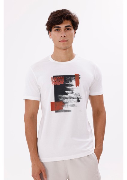 Soyut Baskı Panelli Bisiklet Yaka Rahat Kalıp Kısa Kollu Yumuşak Dokulu Tişört indirimleri