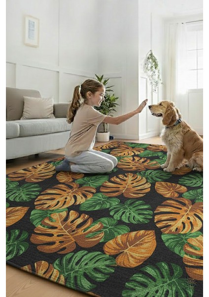 Modern Tropikal Yaprak Desenli Yıkanabilir Halı | Kaymaz Taban Salon Mutfak Halısı fiyatları