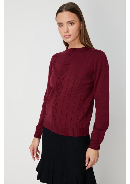 Kadın Örgülü Sıfır Yaka Triko Kazak 69313 Bordo