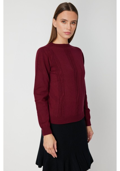 Kadın Örgülü Sıfır Yaka Triko Kazak 69313 Bordo fiyatları