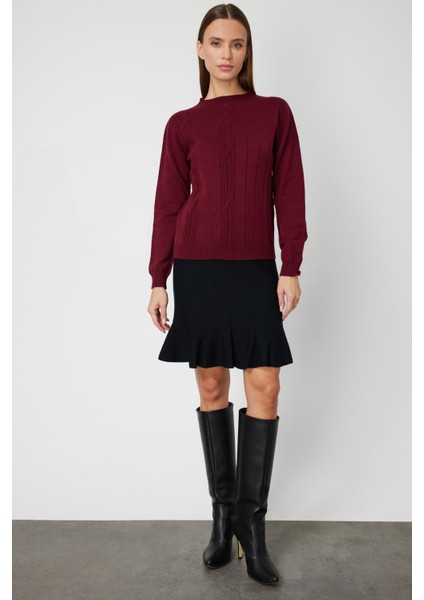Kadın Örgülü Sıfır Yaka Triko Kazak 69313 Bordo modelleri