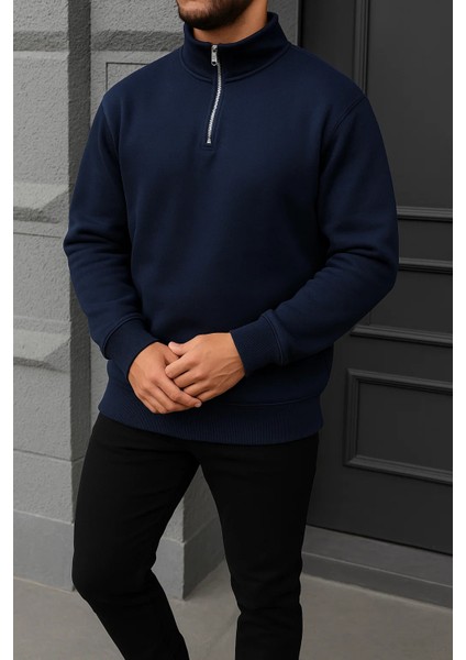 Erkek Kışlık Basic Lacivert Fermuarlı Sweatshirt