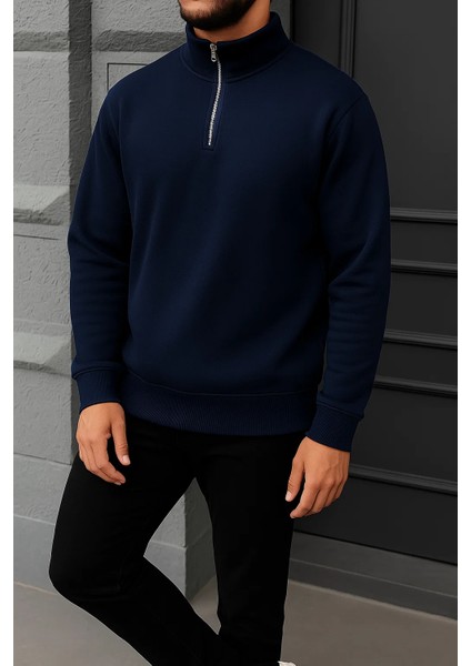 Erkek Kışlık Basic Lacivert Fermuarlı Sweatshirt modelleri