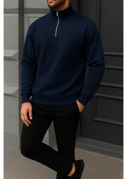 Erkek Kışlık Basic Lacivert Fermuarlı Sweatshirt fırsatları