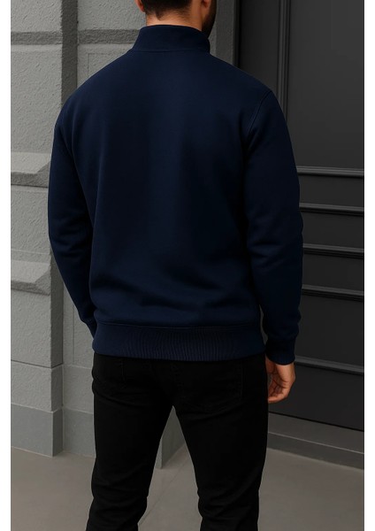 Erkek Kışlık Basic Lacivert Fermuarlı Sweatshirt