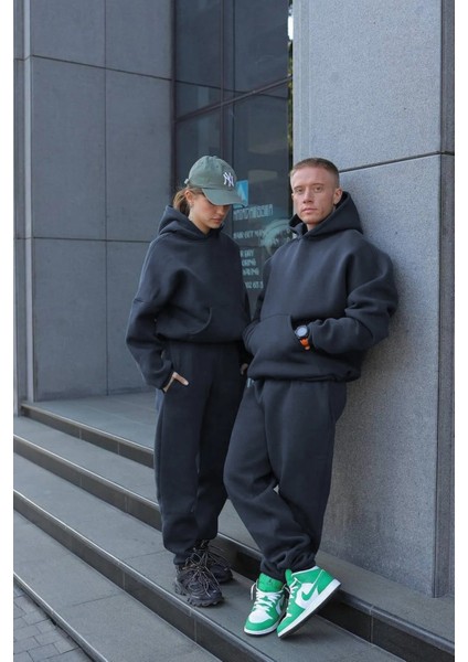 Kadın Erkek Çiftlere Özel 3 Iplik Kalın Oversize Kapüşonlu Eşofman Takımı – Tekli