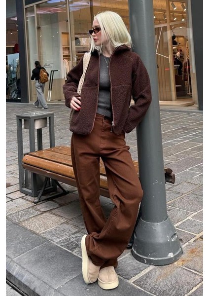 Kahverengi Fermuarlı Kapüşonlu Polar Kadın Ceket MG2569