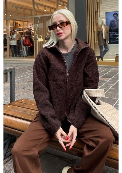 Kahverengi Fermuarlı Kapüşonlu Polar Kadın Ceket MG2569 fiyatları