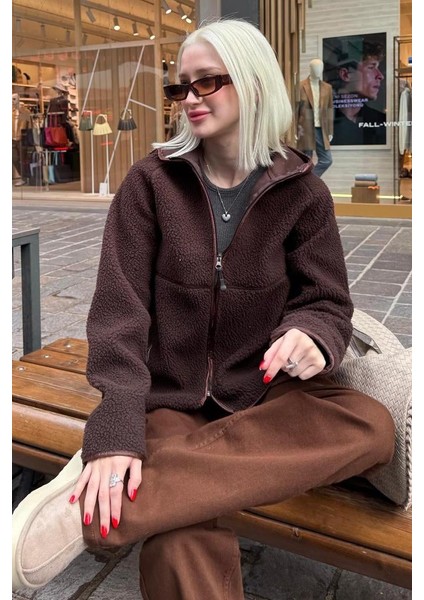 Kahverengi Fermuarlı Kapüşonlu Polar Kadın Ceket MG2569 modelleri
