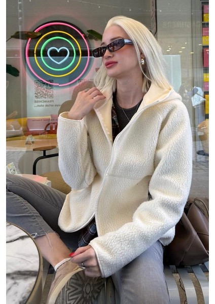 Bej Fermuarlı Kapüşonlu Polar Kadın Ceket MG2569 fiyatları