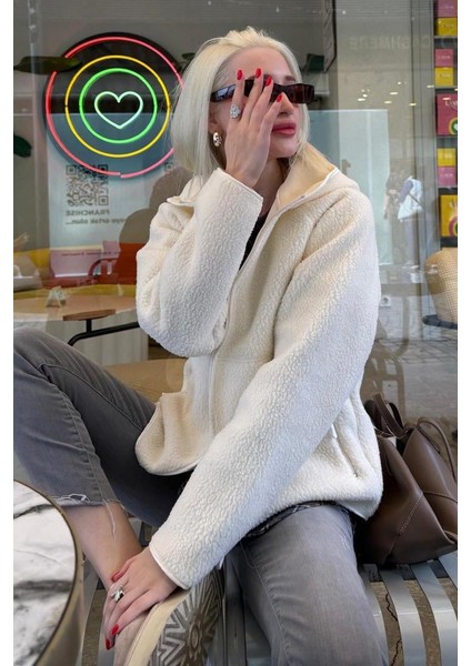 Bej Fermuarlı Kapüşonlu Polar Kadın Ceket MG2569 fırsatları