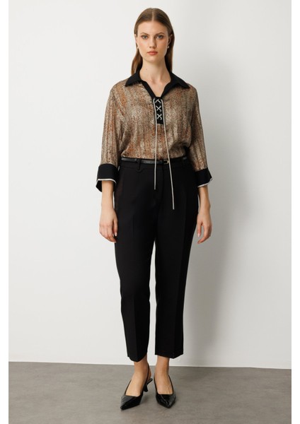 Kadın Büyük Beden Beli Kemerli Bol Paça Pantolon 1005 Siyah