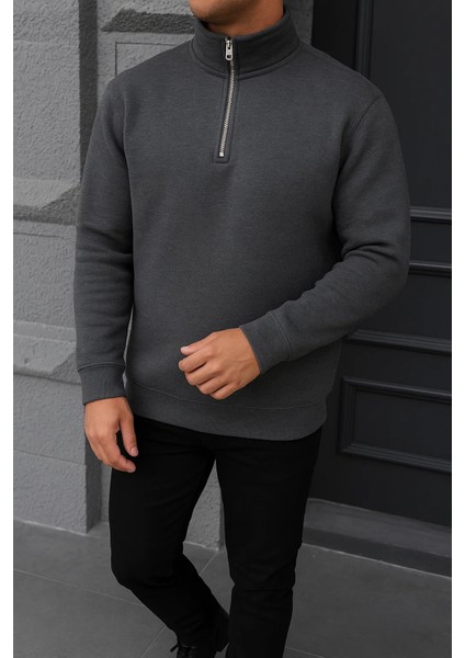 Erkek Kışlık Basic Antrasit Fermuarlı Sweatshirt