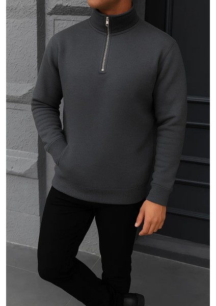 Erkek Kışlık Basic Antrasit Fermuarlı Sweatshirt modelleri