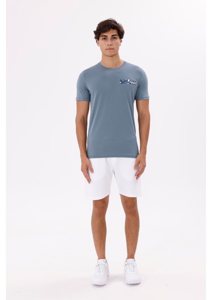 Göğüs Baskı Detaylı Bisiklet Yaka Kısa Kollu Rahat Kalıp Pamuklu Spor Tişört