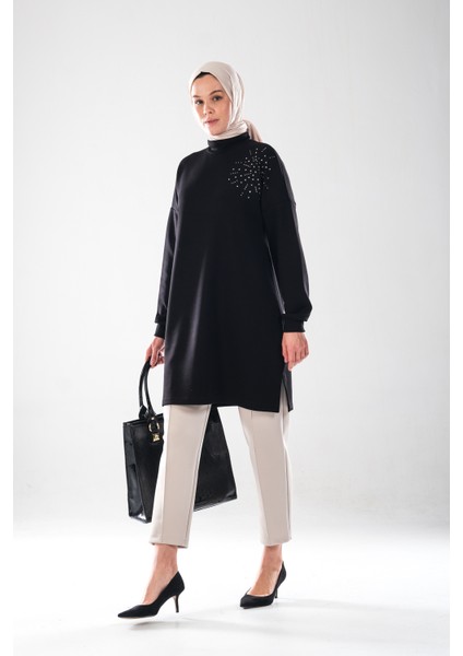 2296_KADINTAŞ Baskılı Yırtmaçlı Dik Yakalı Tunik