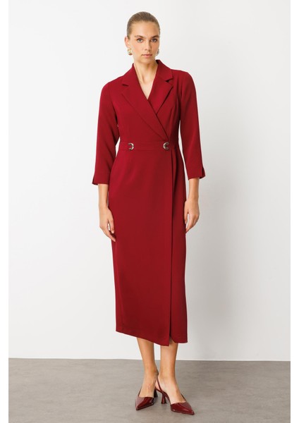 Moda Ilgi Kadın Beli Aksesuarlı Cepli Kruvaze Elbise 6626 Bordo