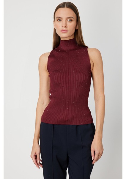 Kadın Taşlı Kolsuz Triko Bluz 66375 Bordo