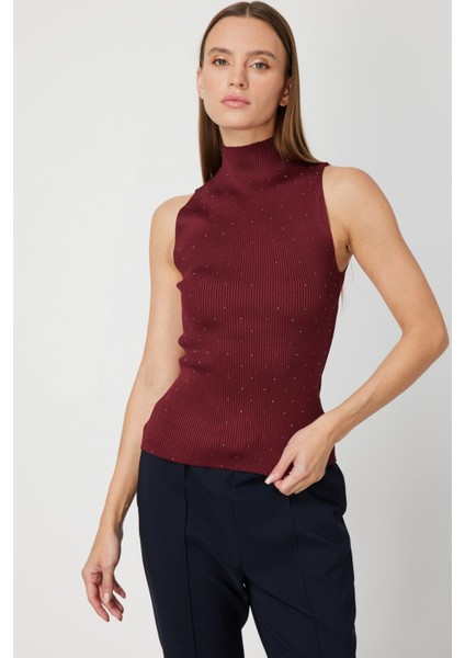 Kadın Taşlı Kolsuz Triko Bluz 66375 Bordo fiyatları