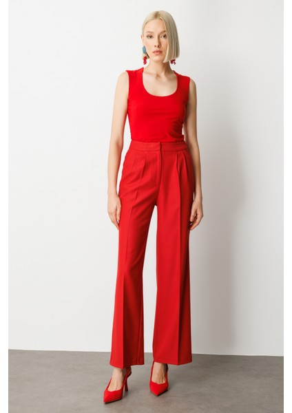 Kadın Pile Detaylı Bol Paça Pantolon 5059 Kırmızı fiyatları