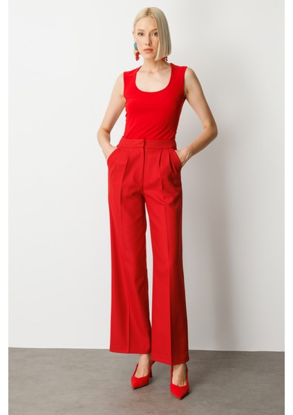 Kadın Pile Detaylı Bol Paça Pantolon 5059 Kırmızı modelleri