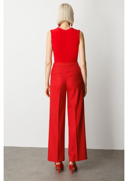 Kadın Pile Detaylı Bol Paça Pantolon 5059 Kırmızı fırsatları