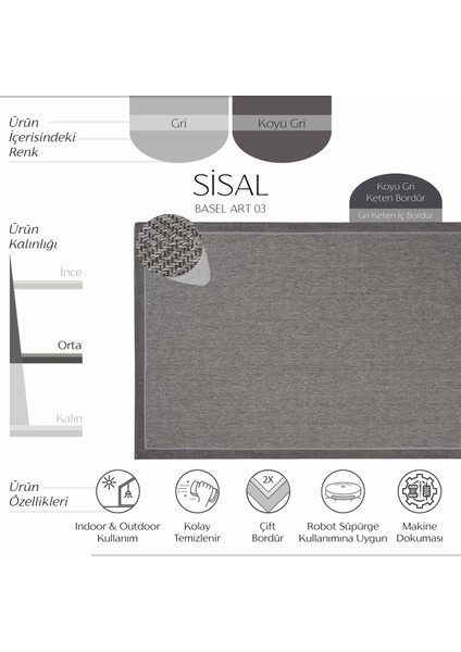 Basel Art 03 Balkon Halısı Hasır Doku Mutfak Halısı Çift Bordürlü Ithal Sisal Halı Yolluk fiyatları