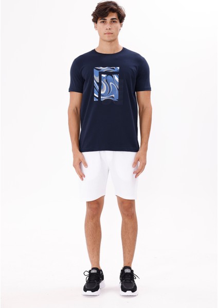 Geometrik Dalga Desenli Ön Baskı Detaylı Bisiklet Yaka Rahat Kalıp Kısa Kollu Tişört