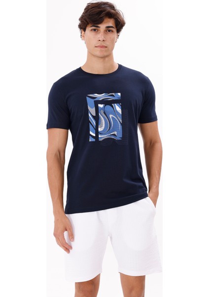 Geometrik Dalga Desenli Ön Baskı Detaylı Bisiklet Yaka Rahat Kalıp Kısa Kollu Tişört indirimleri