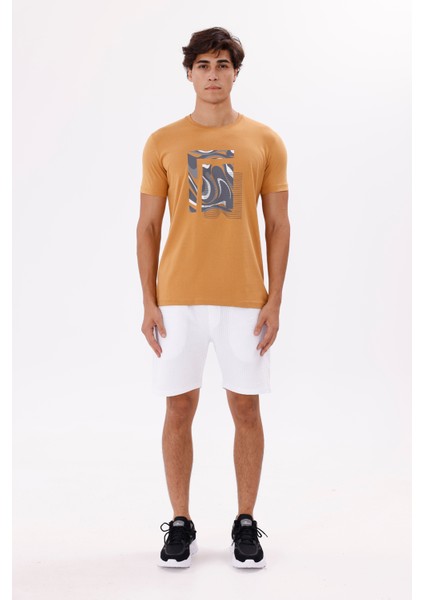 Geometrik Dalga Desenli Ön Baskı Detaylı Bisiklet Yaka Rahat Kalıp Kısa Kollu Tişört