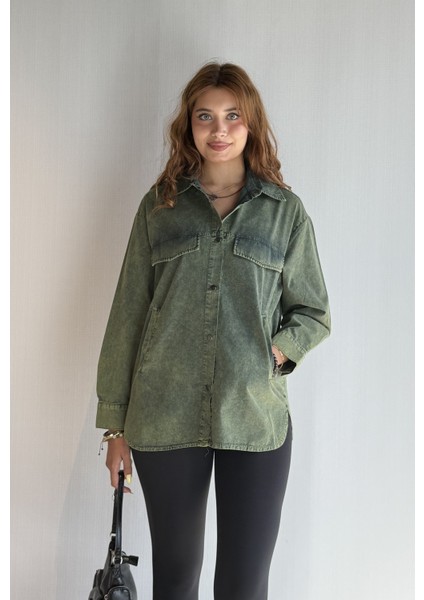 Kadın Uzun Kollu Oversize Gabardin Gömlek