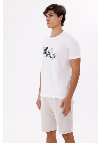 Önü Geometrik Desen Baskılı Bisiklet Yaka Pamuklu Tişört fiyatları