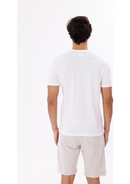 Önü Geometrik Desen Baskılı Bisiklet Yaka Pamuklu Tişört modelleri