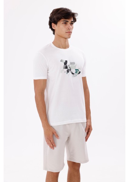 Önü Geometrik Desen Baskılı Bisiklet Yaka Pamuklu Tişört fırsatları