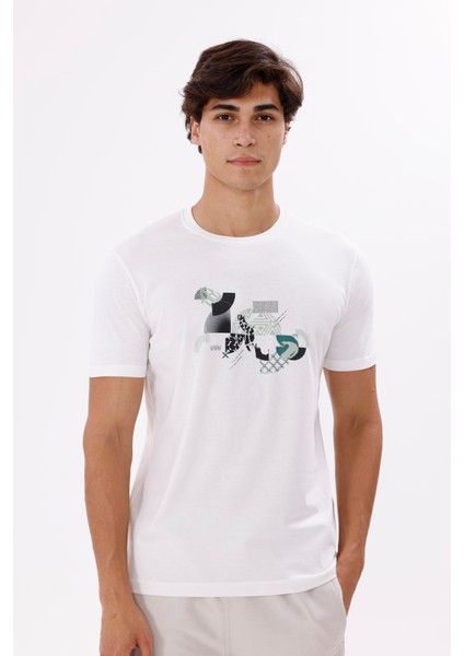 Önü Geometrik Desen Baskılı Bisiklet Yaka Pamuklu Tişört indirimleri