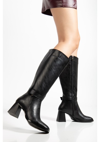 Kadın Siyah Cilt Küt Burun Diz Altı Topuklu Çizme fırsatları